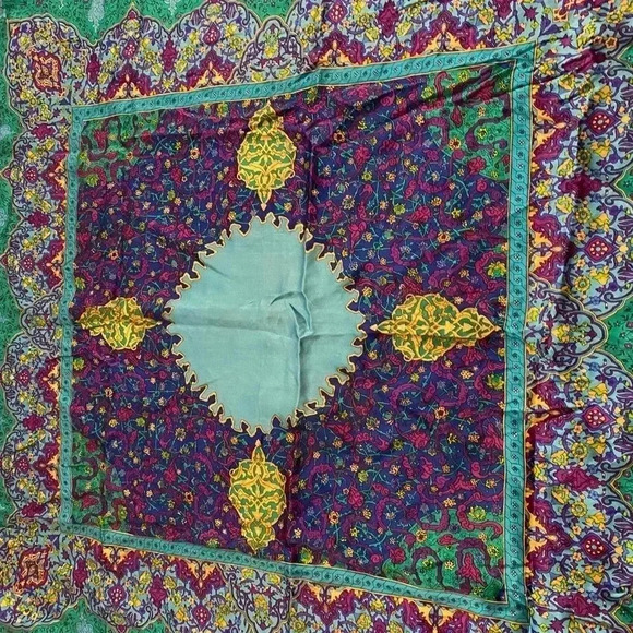 Women’s Silk Square Bohemian Colorful Scarf Boho Green Purple Blue Pink Yellow - Picture 6 of 10